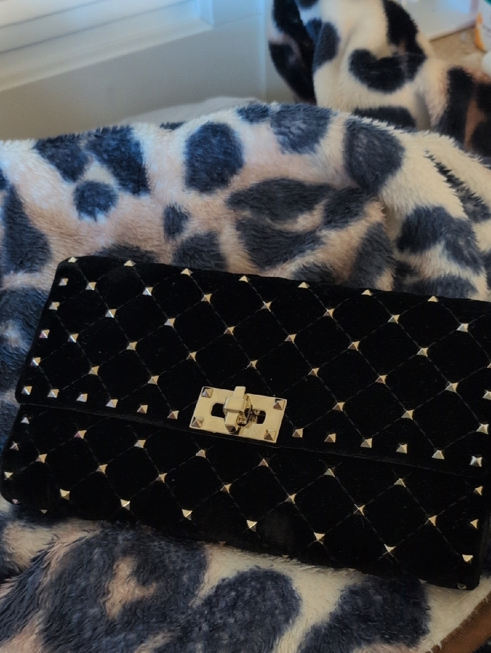 Valentino Garavani Black Quilted Velvet Studded Crossbody Clutch